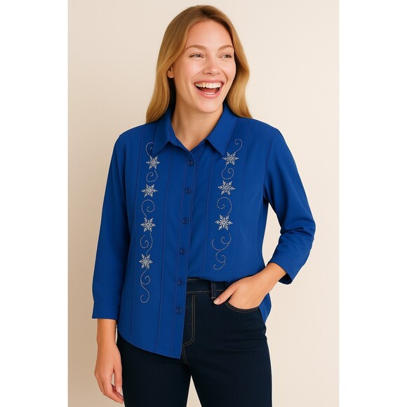 Blair Tops - Blair Snowflake Embroidered Satin Button Front Blouse 2XL